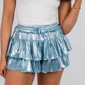 Silver shiny blue Bubble Mini Skirt with Ruffled Tiers